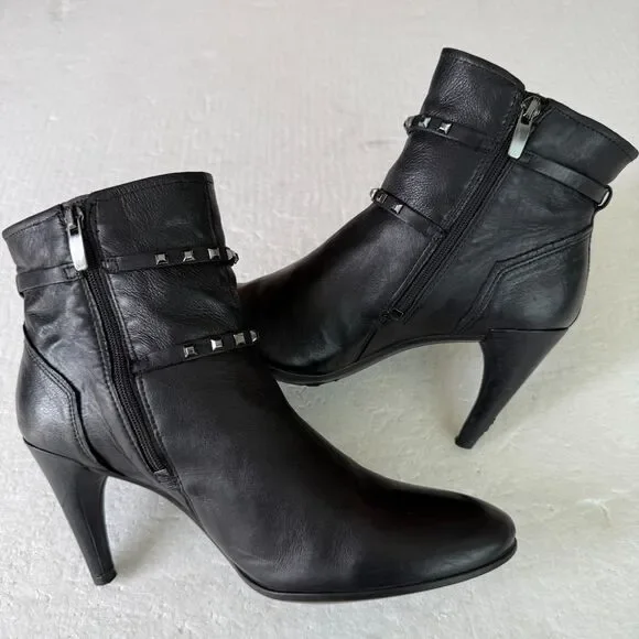 Size 40 / 9 - 9.5 - Ecco Shape Stiletto 75 Sleek Black Leather Booties Studded - Picture 3 of 10